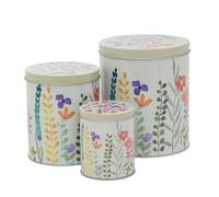 Carousel Home Set of 3 Floral Storage Tins | Decorative Nesting Canisters for Kitchen Storage | 3-piece Meadow Flowers Round Storage Tins