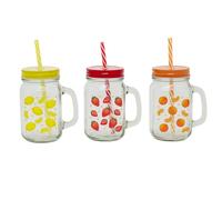Carousel Home Set of 3 Fruit Mason Drinking Jar with Lid and Straw | 13cm Reusable Glass Drinking Jar for Summer Drinks and Parties - 420ml