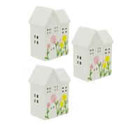 Carousel Home Set of 3 LED Ceramic Houses, 13.5cm Light-up White Embossed Spring Flower Houses with Cut Out Windows, Decorative Shelf Ornaments