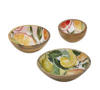 Carousel Home Set of 3 Mango Wood Citrus Enamel Bowls | Snack Bowl, Kitchen Serving Bowl and Large Fruit Salad Bowl Set