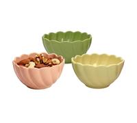 Carousel Home Set of 3 Scalloped Ceramic Bowls, 9.5x5cm Small Dip Bowls Snack Bowls Tapas Dishes Pink Cream Green