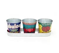 Carousel Home Set of 3 Vintage Style Planters with Tray | Retro Tomato Tin Plant Pots | Window Sill Herb Planter Flower Pots on Saucer