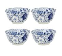 Carousel Home Set of 4 Japanese Style Blue and White Ceramic Bowls, 11.5cm Footed Tapas Snack Bowls with Indigo Chinoiserie Pattern - Design Varies