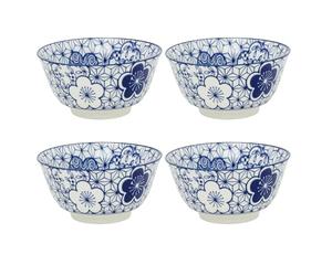 Carousel Home Set of 4 Japanese Style Blue and White Ceramic Bowls, 11.5cm Footed Tapas Snack Bowls with Indigo Chinoiserie Pattern - Design Varies