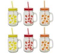 Carousel Home Set of 6 Fruit Mason Drinking Jar with Lid and Straw | 13cm Reusable Glass Drinking Jar for Summer Drinks and Parties - 420ml