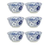 Carousel Home Set of 6 Japanese Style Blue and White Ceramic Bowls, 11.5cm Footed Tapas Snack Bowls with Indigo Chinoiserie Pattern - Design Varies