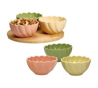 Carousel Home Set of 6 Scalloped Ceramic Bowls with Wooden Serving Tray, 3 Bowls on Tray Plus 3 Extra 9.5x5cm Dip Snack Bowls Pink Cream Green