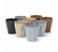 Carousel Home Set of 8 Reactive Glaze Tumbler Mugs, 250ml Multi Colour Ceramic Coffee Cups, Fluted Stoneware Mugs - 9.5cm