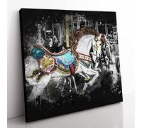 Carousel Horse Paint Splash Vintage Canvas Wall Art Print Ready to Hang, Framed Picture for Living Room Bedroom Home Office Décor, 50x50 cm (20x20 Inch)