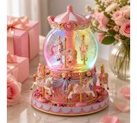 Carousel Snow Globe Music Box with Lights, Plays Castle in the Sky | Rotating pink horse carousel with colour-changing lights, glass globe and detailed resin base; a decorative musical keepsake.