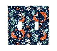 Carp Double Light Switch Cover Plate, Underwater Tropical Coral Seaweed Summer Navy Blue Plastic Standard Size Wall Switch Plates Accents for New Apartment Home Bedroom Office Decor