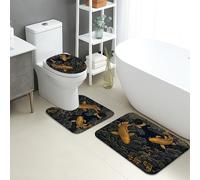 Carp Fish Bathroom Mat Sets 3 Piece, Elegant Black Gold Carp Absorbent Non Slip Toilet Rugs U Shaped Washable, Contemporary Quick Dry Flannel Bathroom Rug Set