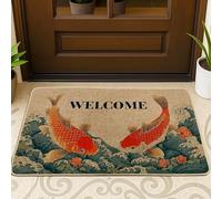 Carp Fish Doormat, Red Welcome Mat for Indoor & Outdoor Entryway Japanese Decor, Non-Slip Waterproof Dust Collecting Door Mats, Easy Maintenance 29x17 Inch