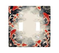 Carp Fish Double Light Switch Cover Plate, Asian Traditional Water Lily Flower Water Ripples Spring Red Plastic Standard Size Decorative Wall Plates for Bedroom Bathroom Kitchen Entrance Decor