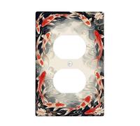 Carp Fish Duplex Outlet Covers Wall Plate, Asian Traditional Water Lily Flower Water Ripples Spring Red Plastic Standard Size Decorative Receptacle Outlet Covers for Bedroom Kitchen Entrance Decor