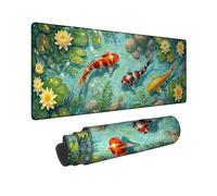 Carp Fish Large Mouse Pad, Nature Realistic Water Lilies Lily Pads Summer Blue Rubber Washable Keyboard and Mouse Mat Desk Accessories for Gaming Computer Laptop 12x32 Inch