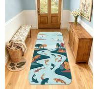 Carp Fish Runner Rug, Nature Serene Water Trees Fall Teal Low Pile Sponge Indoor Rectangle Carpet Non Shedding for Kitchen Entryway Bathroom Doorway Decor 2x8 Ft