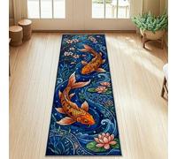 Carp Fish Runner Rug, Oriental Water Lilies Cherries Blossoms Spring Blue Low Pile Edge Binding Home Rectangle Carpet for Kitchen Hallway Laundry Room Entryway Decor 2x5 Ft