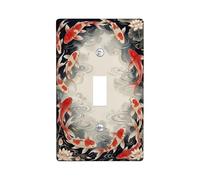 Carp Fish Single Light Switch Cover Plate, Asian Traditional Water Lily Flower Water Ripples Spring Red Plastic Standard Size Toggle Light Switch Cover for Home Living Room Bedroom Decor (Single)