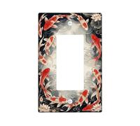 Carp Fish Single Rocker Light Switch Cover, Asian Traditional Water Lily Flower Water Ripples Spring Red Plastic Standard Size Decorative Wall Plates for Home Living Room Bedroom Bathroom Decor