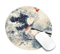 Carp Fish Waves Mouse Pad, Blue and White Artistic Sea Design, Seasonal Japanese Style Mousepad, Rubber Non-Slip Washable Gaming Desk Mat for Home and Office Use Round 8x8 Inch