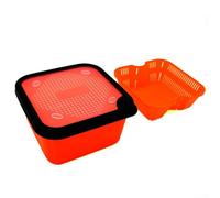 Carp Fishing 2-in-1 Pellet Strainer with Inner Frame, Orange PP Bait Box, Ventilated Rubber-Sealed Lid for Pellets, Hemp, Meat, Casters, Dead Worms, Size 16.5x16.5x6.5 cm(5.5-OS)
