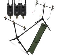 Carp Fishing Rod Pod with Buzz Bars & Rod Rests, 2 or 3 Bite Alarms, Adjustable Volume, Tone & Sensitivity Green Case 9V Batteries Included Carry Case Session Pod (Session Pod & 3 Bite Alarms)