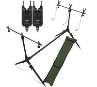 Carp Fishing Rod Pod with Buzz Bars & Rod Rests, 2 or 3 Bite Alarms, Adjustable Volume, Tone & Sensitivity Green Case 9V Batteries Included Carry Case Session Pod (Session Pod & 2 Bite Alarms)