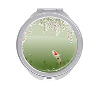 Carp in Spring Pond Cherry Blossom Japanese Fish Green Folding Make Up Mirror, Compact 2X/1X Magnification Mirror, Women Portable Travel Makeup Mirror 2.4 x 2.4 inch