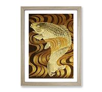 Carp Swimming Upstream Art Asian Japanese Framed Print | A3 Oak Framed Wall Art | Ready to Hang | Asian Nature Picture | Living Room Bedroom Lounge Office