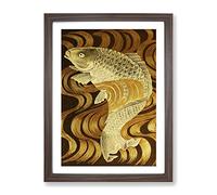 Carp Swimming Upstream Art Asian Japanese Framed Print | A4 Walnut Framed Wall Art | Ready to Hang | Asian Nature Picture | Living Room Bedroom Lounge Office