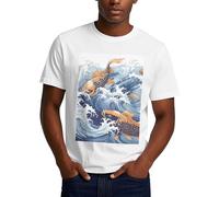 Carp with Wave Patterned Men's T-Shirts Short Sleeve Crew Neck Undershirt Moisture-Wicking T Shirt for Men L White