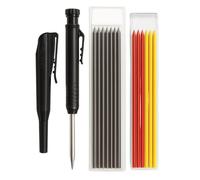Carpenters Pencil with 42mm Long Nose Nib, Built-in Sharpener & 15 Refills (Red/Yellow/Black) for Light/Dark Surfaces, Precise Deep Hole Work, Ergonomic Grip with Clip for Woodworking & Construction