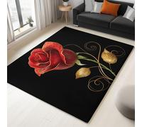 Carpet 120 x 170 cm, Bedroom Area Rug, Machine Washable Soft Simple Minimalist Floral Rose Print Carpet Non Slip Indoor Floor Mat, Rugs for Living Room Nursery Dining Room Classroom Black
