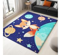 Carpet Area Rug Stain Resistant Washable Non-Slip Carpets, Soft Short Pile 120 x 170 cm, Cartoon Fox Space Planet Universe, for Bathroom Laundry Bedroom Kids Room & Entryway, Dark Blue