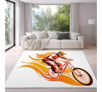 Carpet Area Rugs for Living Room, Bedroom, Hallway - 60 x 120 cm, Soft Microfiber Short Pile Rug, Cozy, Non-Slip, Machine Washable, Orange, Cartoon Character Mountain Bike