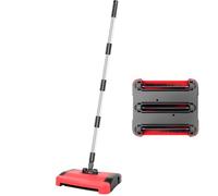 Carpet Floor Sweeper Manual, 24x22x110cm Non Electric Quite Manual Carpet Sweeper with Three Layer Durable Long-Life Brushes, 180°Flexible Rotating Roller Brush Head, Low Profile Body, Red+Blck
