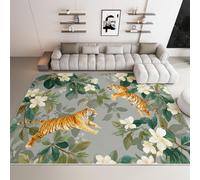 Carpet Retro Tiger Flowers Leaves Rugs Non Slip Rubber Backing 4 x 5.6, Carpets Washable Soft Short Pile Floor Fluffy Mats Non Shedding, for Kids Office Dining Room Kitchen Green