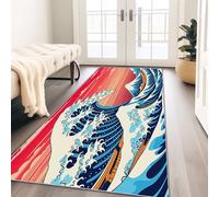 Carpet Runners Non-Slip 65 x 240 cm, Low Pile Blue And Red Bedroom Bedside Runner Rugs, Cartoon Art Eastern Style Ocean Waves Pattern Non Shedding Floor Rug for Hallway Lounge Office Entryway