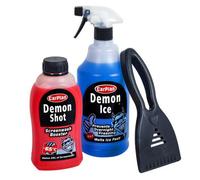 CarPlan Demon Shot Screenwash Booster, 500ml (Pack of 1) & CarPlan Demon Ice, Ice Preventer and De-Icer, 1 Litre (Pack of 1) & CarPlan Ice Scraper - Winter Car Care Bundle/Kit