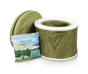 CarpLife Bivvy Loo Kit - Folding Portable Toilet with Liners, Waste Powder, Wipes - Collapsible Fishing Toilet, Festival Potty, Porta Potty Bucket, Portable Loo for Camping, Hiking & Road Trips, Green
