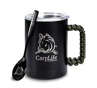 CarpLife Thermal Fishing Mug, Lid & Spoon - Stainless Steel Thermal Mug with Lid and Handle - Insulated Travel Cup, Fishing Cup with Etched Spoon - Portable Coffee Tea Brew Kit for Hot & Cold Drinks