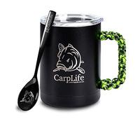 CarpLife Thermal Fishing Mug and Spoon - Thermal Mug with Spoon - Stainless Steel Thermal Mug with Lid and Etched Spoon (Neon & Black Handle)