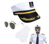 CarPlusStudio Sailor Hat - Captains Hat for Adults with Aviator's Glasses, White Gloves, and Badge,Nautical Embroidery Party Hats for Cosplay, Halloween, Birthday Hats for Adults