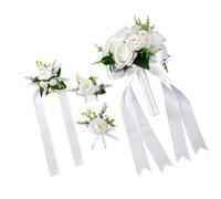 CarpNettore 4 Pieces Bridal Floral Arrangement Wedding Bouquet Set with Bouquet Corsage Boutonniere Hair Comb Artificial Flowers Satin Ribbon Accents Suitable for