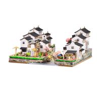 CarpNettore Chinese Riverside Town Building Model Architecture Assembly Pro with Whitewashed Walls and Dark Gray Roofs Suitable for Office Bookshelf Display, Style to 2