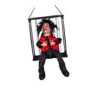 CarpNettore Scary Prisoner Halloween Ornament Hanging Cage Skeleton Talking Eyes Doll House Suitable for Party Home Decoration Bar Park, Red Black