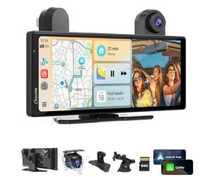 Carpuride W903S Portable Wireless Carplay & Android Auto with Dash Cam-HD IPS Screen, 4K Front Cam + 1080P Rear Cam+1080P Infrared Camera, Loop Recording,Bluetooth,GPS,Siri,Music,Dashboard Mounte