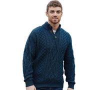 Carraig Donn Aran Woollen Mills Irish Diamond Pattern 100% Merino Wool Troyer Sweater (Atlantic Blue, XXL)