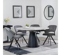Carrara Dining Set - 4 Seater - 135cm - Round - Grey Ceramic - Extending - 4x Ion Swivel Dining Chairs - Dark Grey Velvet Fabric